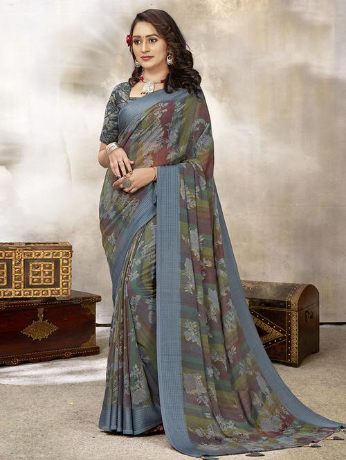 women's floral multi colored saree with blouse - 19744490 - Very Small Image - 1