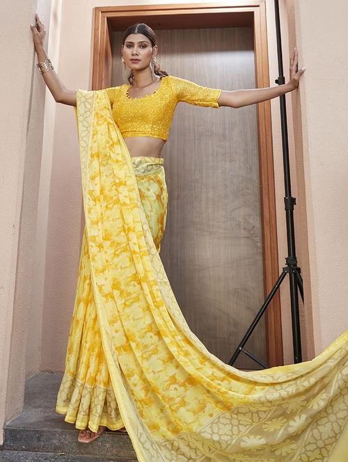yellow printed saree with blouse - 19744500 - Very Small Image - 1