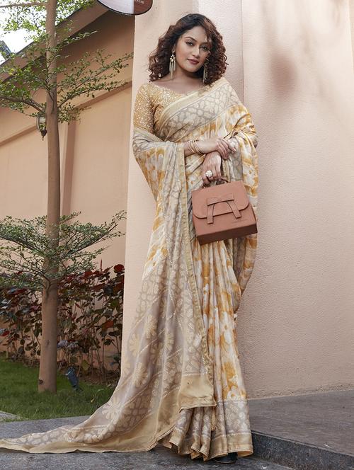 beige printed saree with blouse - 19744502 - Very Small Image - 1
