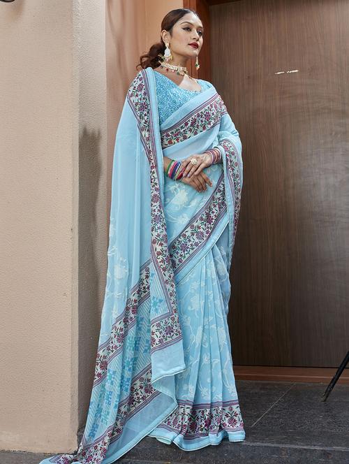 floral print woven saree with blouse - 19744530 - Very Small Image - 1