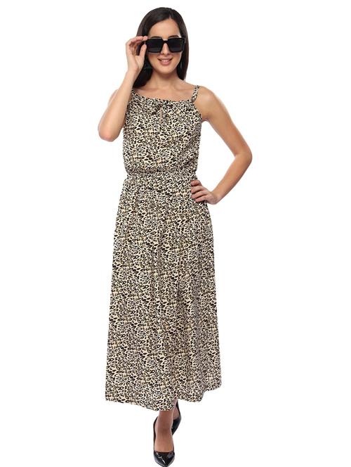 beige tie up neck fit & flare dress - 19746134 - Very Small Image - 1