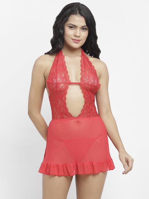 red lace sheer babydoll set - 19750051 - Very Small Image - 1