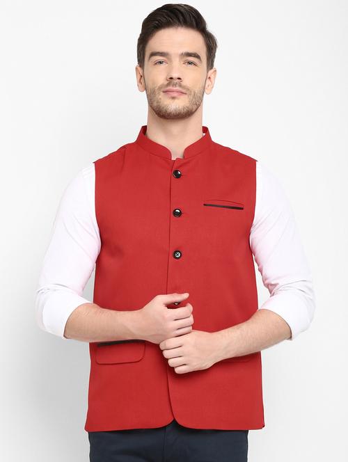 men mandarin collar red solid nehru jacket - 19750378 - Very Small Image - 1