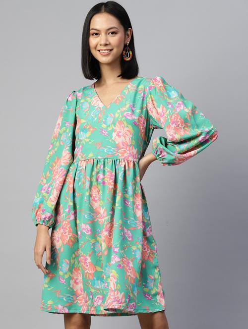 women v neck printed a-line dress - 19751642 - Very Small Image - 1