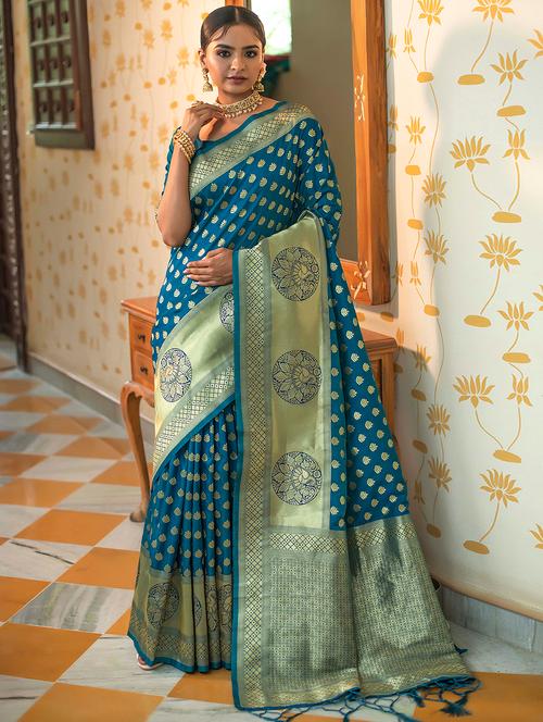 ethnic motif woven golden border saree with blouse - 19755092 - Very Small Image - 1