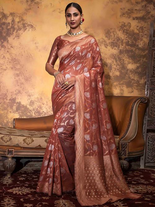 floral print woven saree with blouse - 19755103 - Very Small Image - 1