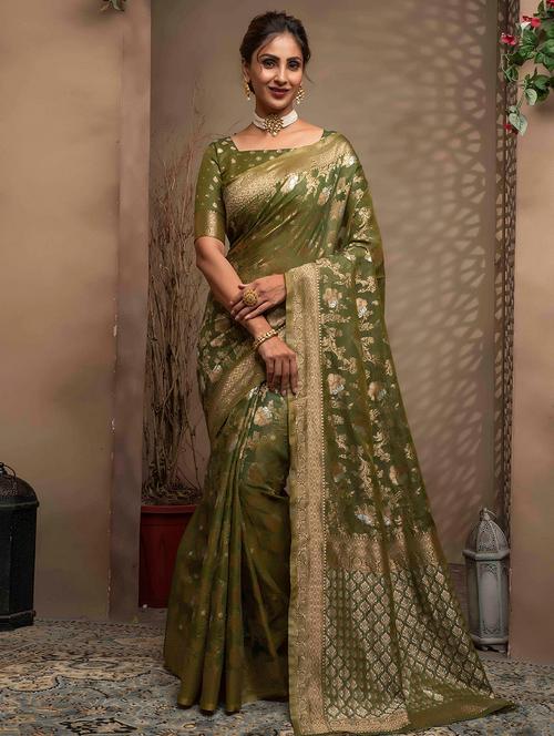 floral print woven golden bordered saree with blouse - 19755108 - Very Small Image - 1