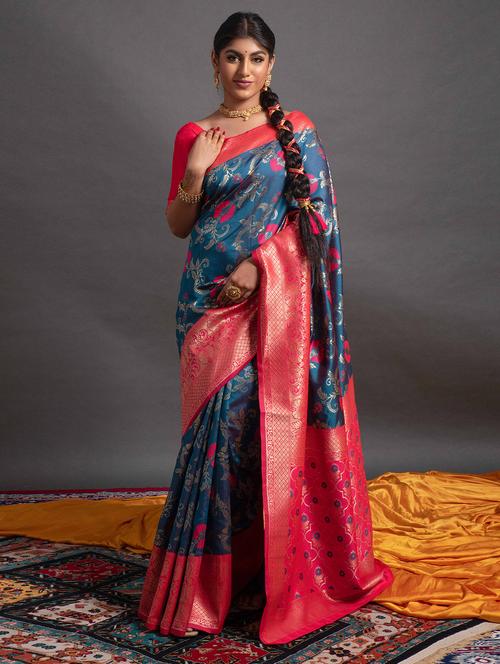 ethnic motif woven contrast border saree with blouse - 19755129 - Very Small Image - 1
