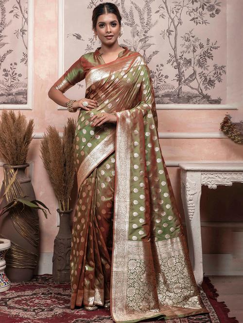 foil print woven contrast bordered saree with blouse - 19755138 - Very Small Image - 1