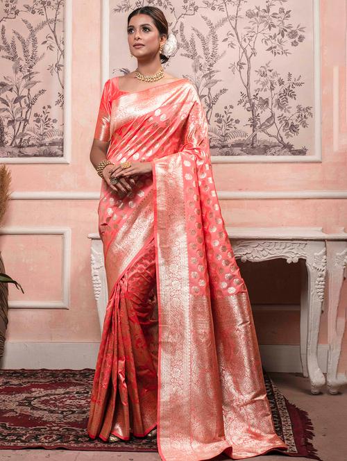 foil print woven golden bordered saree with blouse - 19755141 - Very Small Image - 1