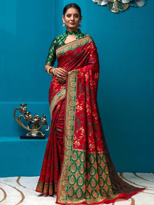 floral print woven contrast border saree with blouse - 19755145 - Very Small Image - 1