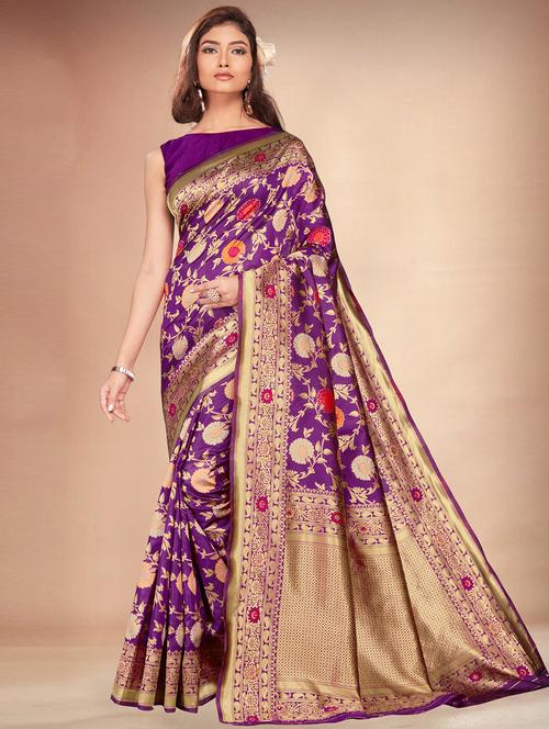 floral print woven golden border saree with blouse - 19755173 - Very Small Image - 1