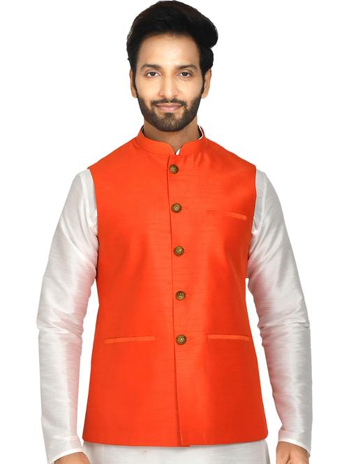 orange solid nehru jacket - 19756622 - Very Small Image - 1