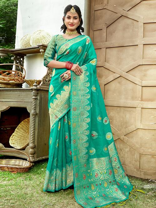 turquoise silk saree - 19757020 - Very Small Image - 1