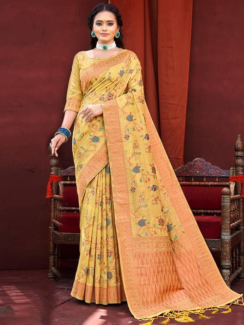 yellow self design woven saree with blouse - 19757039 - Very Small Image - 1