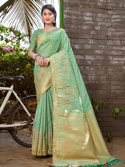 women's paisley turquoise colored saree with blouse - 19757080 - Very Small Image - 1