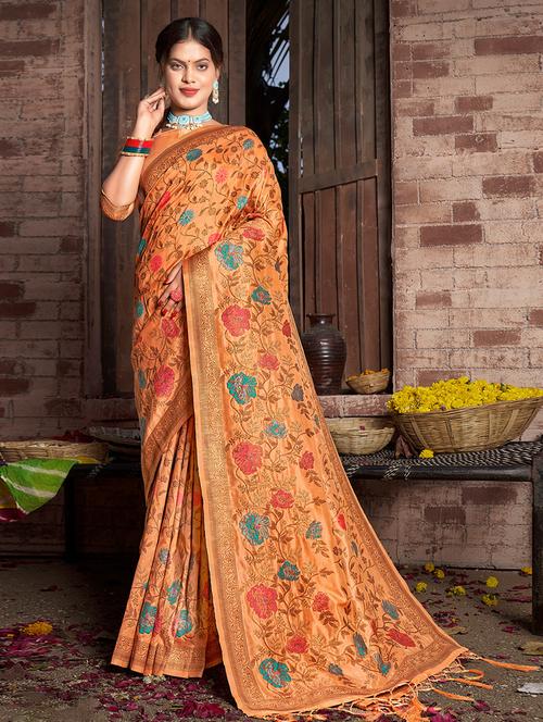 orange silk saree - 19757102 - Very Small Image - 1
