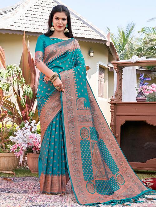 turquoise silk saree - 19757143 - Very Small Image - 1