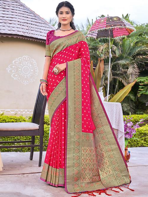 pink self design banarasi saree with blouse - 19757189 - Very Small Image - 1