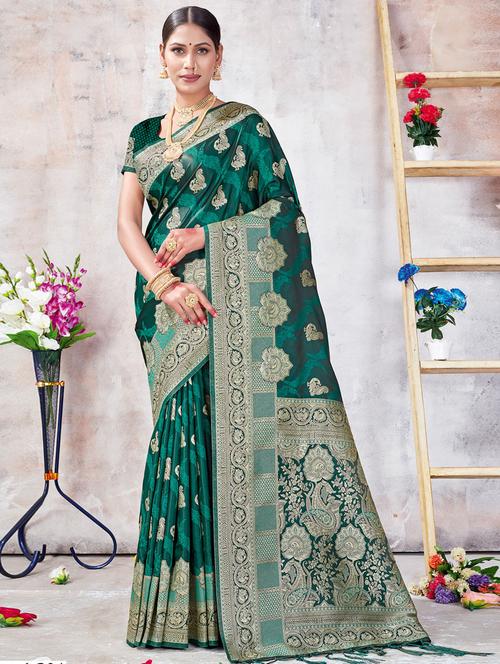 sea green self design woven saree with blouse - 19757195 - Very Small Image - 1
