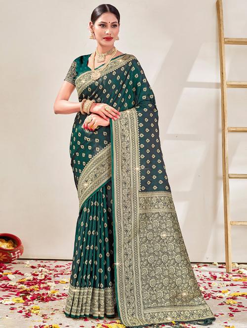 dark green self design woven saree with blouse - 19757208 - Very Small Image - 1