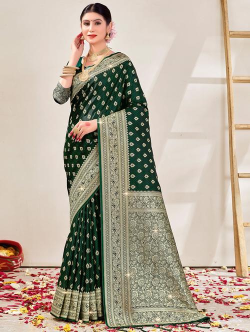 dark green self design woven saree with blouse - 19757211 - Very Small Image - 1