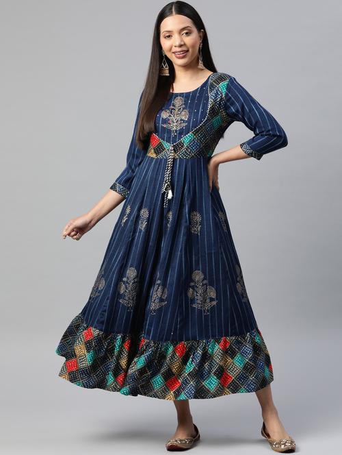 navy blue rayon flared gown - 19763469 - Very Small Image - 1