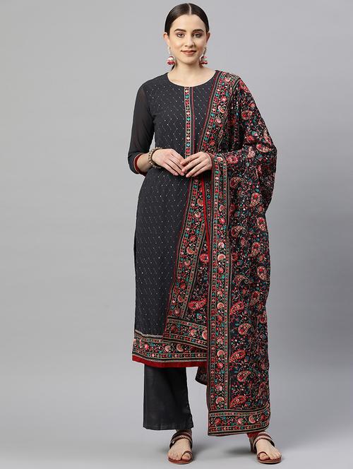embroidered semi stitched suit set - 19763486 - Very Small Image - 1