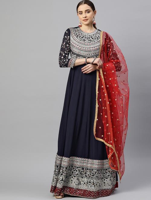 embroidered semi stitched suit set - 19763487 - Very Small Image - 1