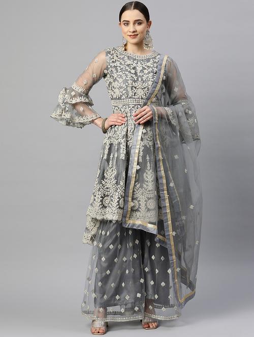embroidered semi stitched suit set - 19763489 - Very Small Image - 1