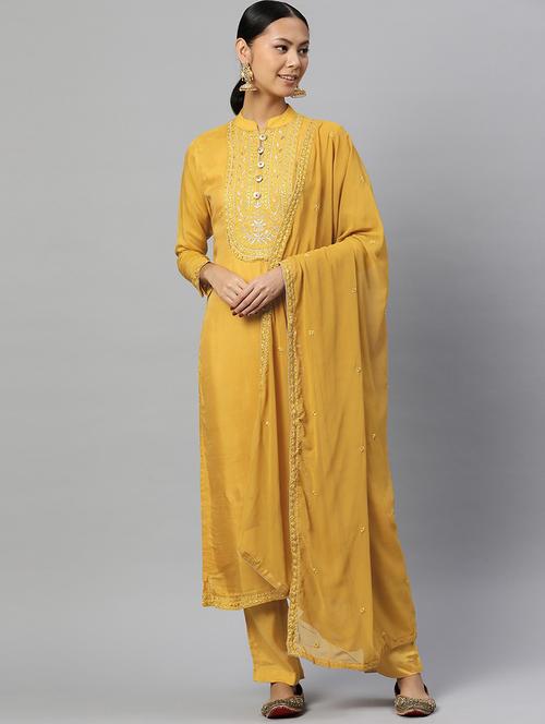 embroidered semi stitched suit set - 19763491 - Very Small Image - 1