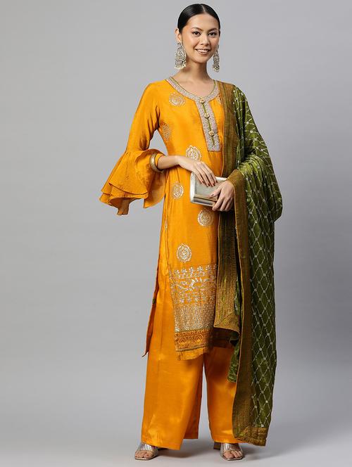 embroidered semi stitched suit set - 19763495 - Very Small Image - 1