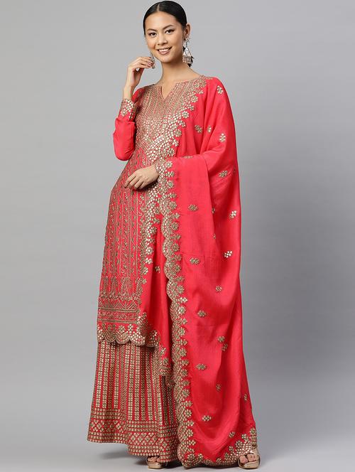 embroidered semi stitched suit set - 19763503 - Very Small Image - 1
