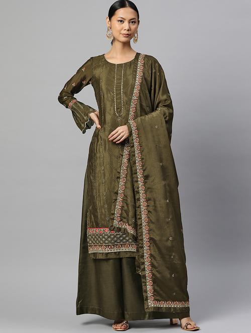 embroidered semi stitched suit set - 19763504 - Very Small Image - 1