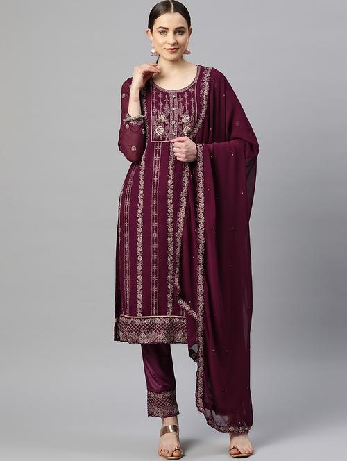 embroidered semi stitched suit set - 19763513 - Very Small Image - 1