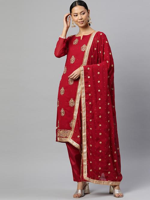 embroidered semi stitched suit set - 19763514 - Very Small Image - 1