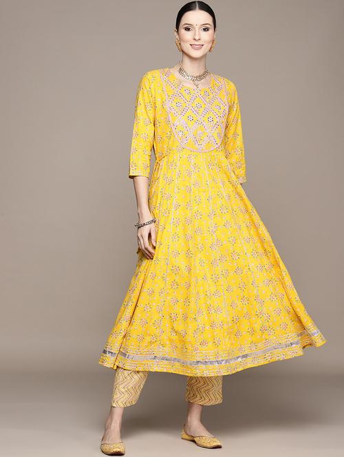 printed mirror work kurta pant set - 19766053 - Very Small Image - 1
