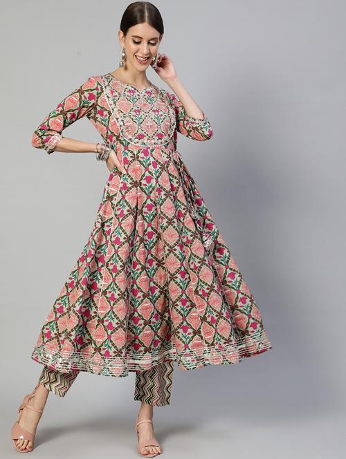 printed mirror work kurta pant set - 19766127 - Very Small Image - 1