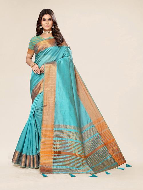 turquoise silk blend saree with blouse - 19770796 - Very Small Image - 1