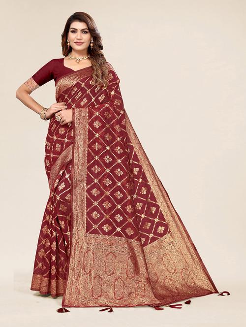 maroon cotton blend saree with blouse - 19770802 - Very Small Image - 1