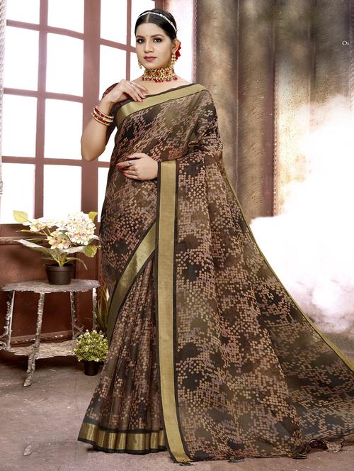 brown printed saree with blouse - 19770972 - Very Small Image - 1