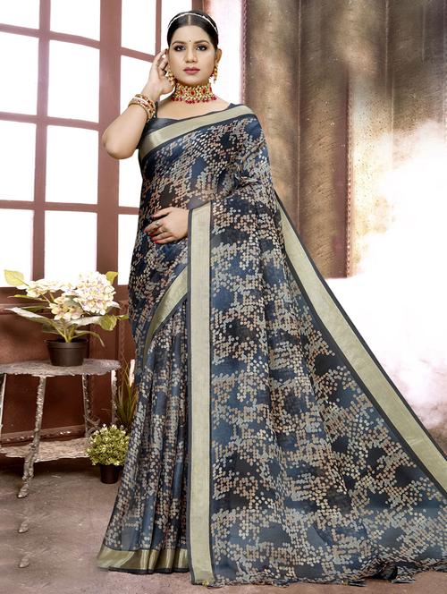 grey printed saree with blouse - 19770974 - Very Small Image - 1