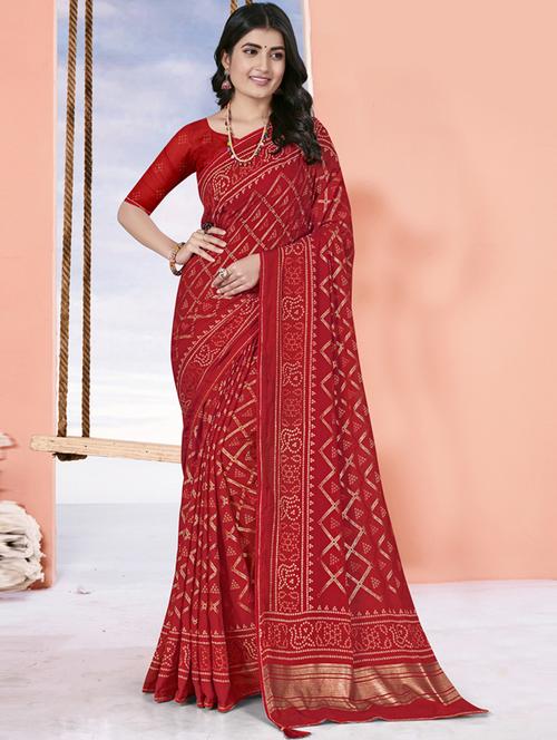 red printed saree - 19771184 - Very Small Image - 1