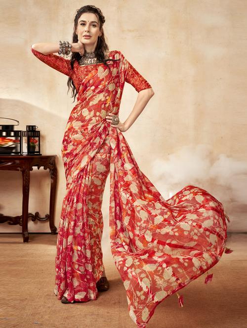 orange printed saree with blouse - 19771195 - Very Small Image - 1