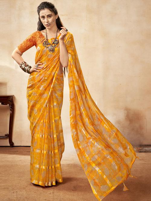 yellow printed saree with blouse - 19771196 - Very Small Image - 1