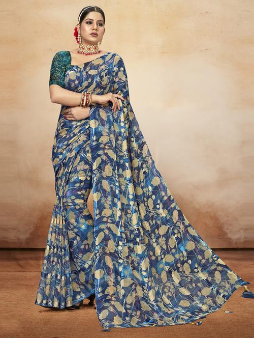blue printed saree - 19771199 - Very Small Image - 1