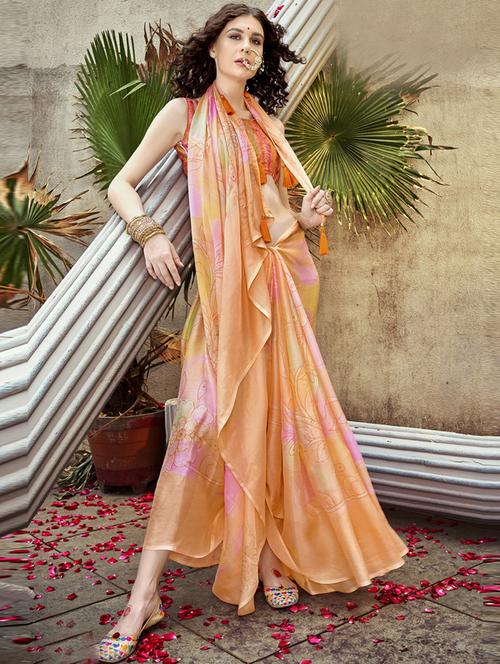 orange printed saree with blouse - 19771211 - Very Small Image - 1