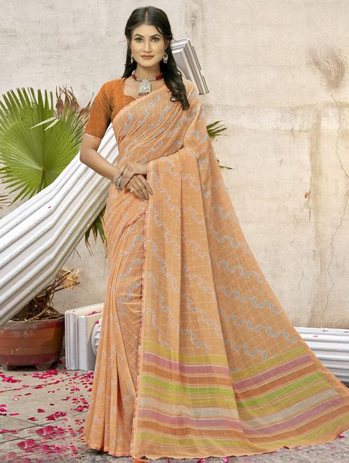 orange printed saree with blouse - 19771310 - Very Small Image - 1