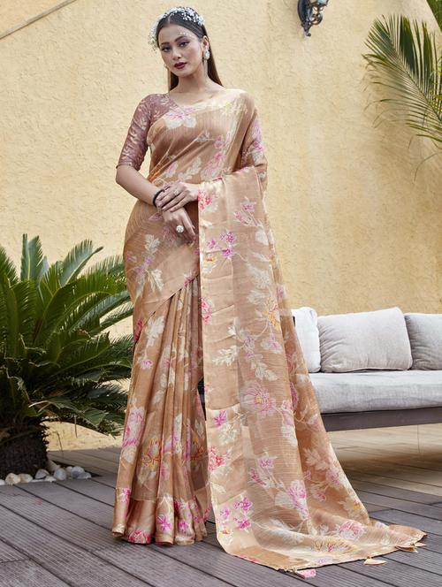 brown printed saree with blouse - 19771334 - Very Small Image - 1