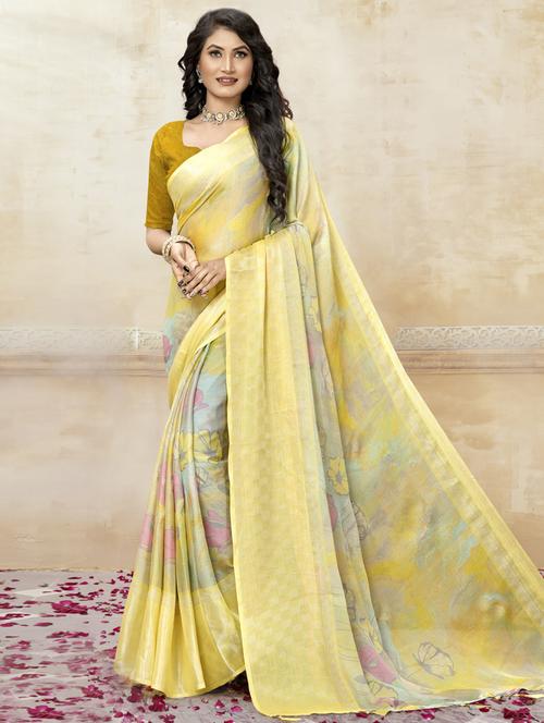 yellow printed saree with blouse - 19771369 - Very Small Image - 1
